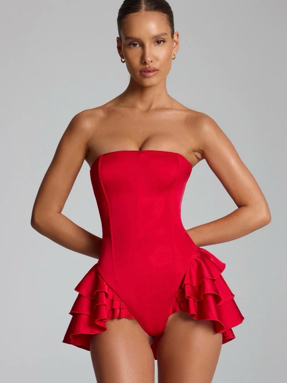 Oh Polly Strapless Ruffle One-Piece Swimsuit - Red